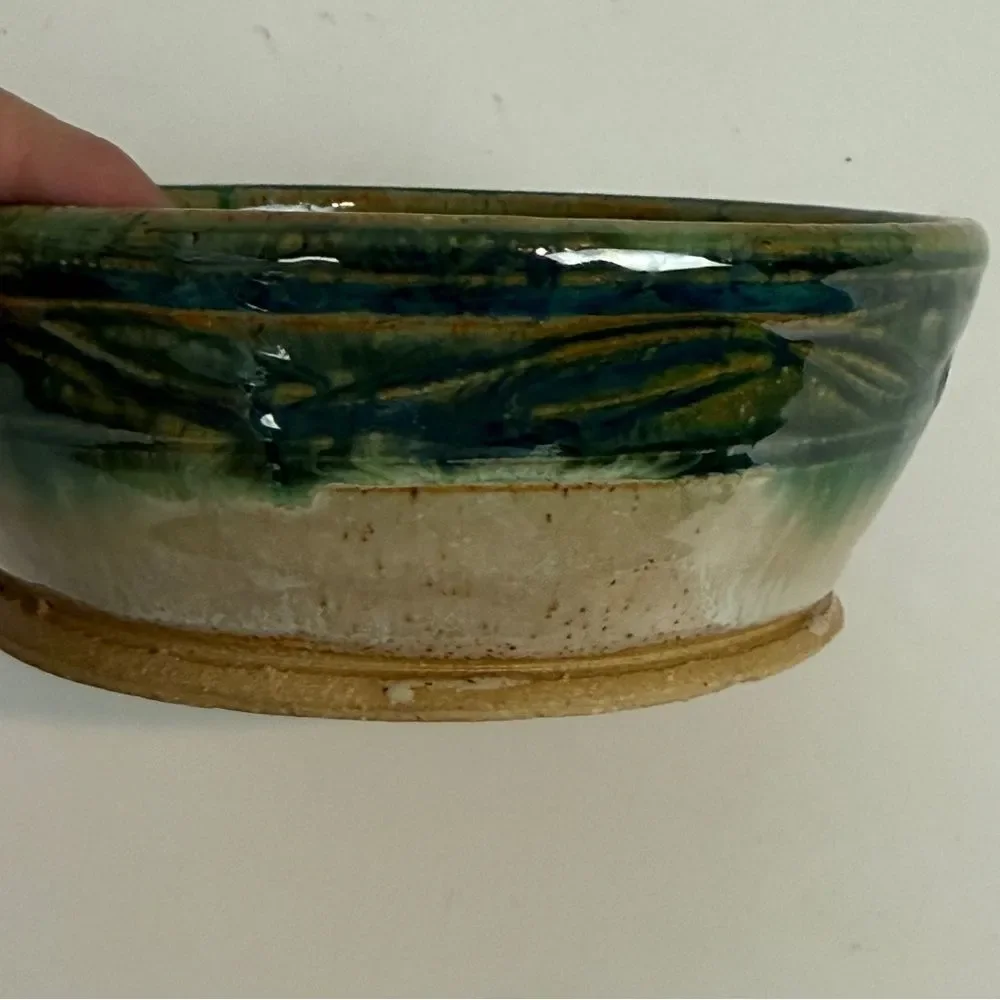 Handmade Green Glazed Pottery Apple Baker Signed 2014
